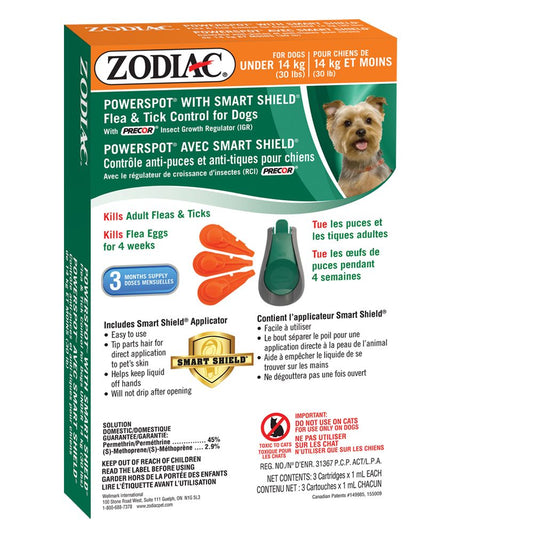 ZODIAC® POWERSPOT® WITH SMART SHIELD® FLEA & TICK CONTROL FOR DOGS UNDER 14 KG (30 LBS) â€?WITH PRECOR® INSECT GROWTH REGULATOR (IGR)